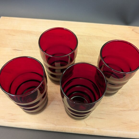Set of 4 Midcentury Vintage Anchor Hocking Whirly Twirly Glasses - Ruby Red - Picture 3 of 7